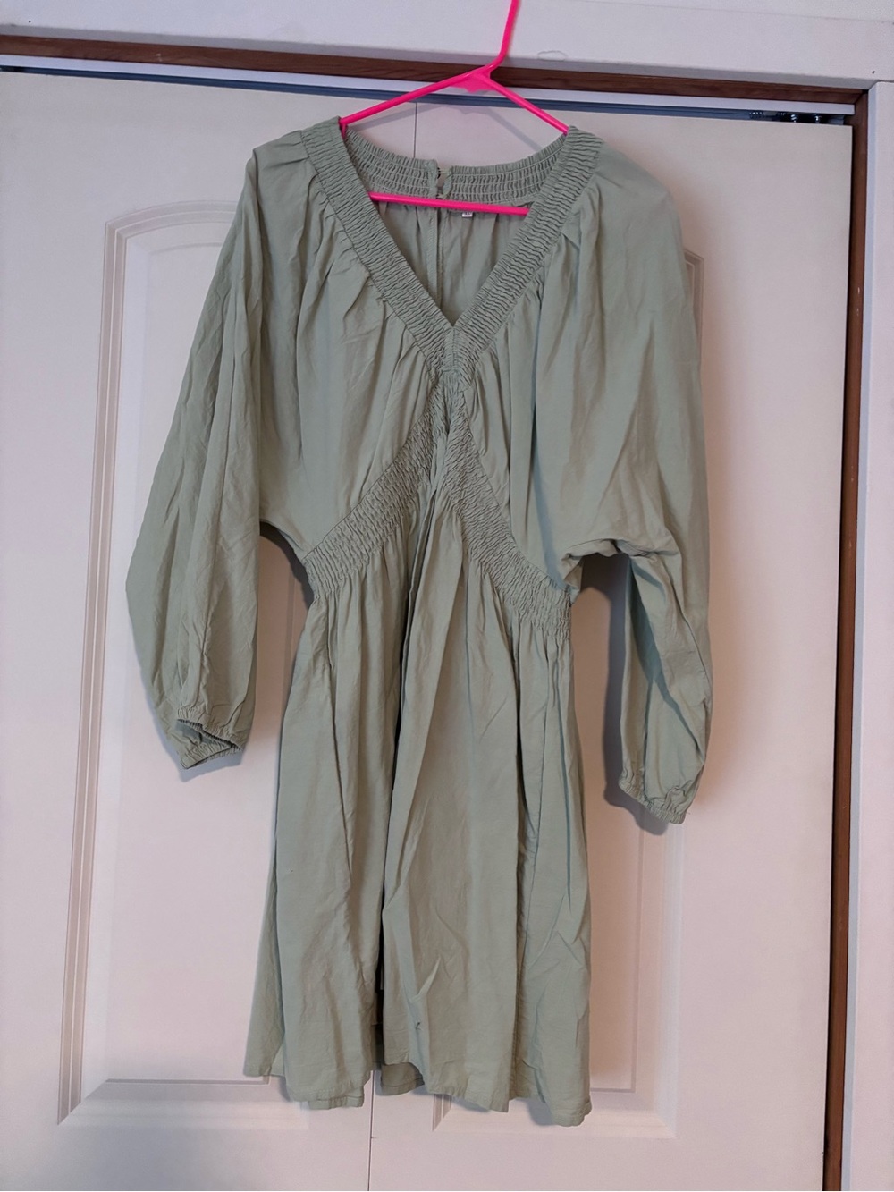Light Sage Smocked V-Neck Dress